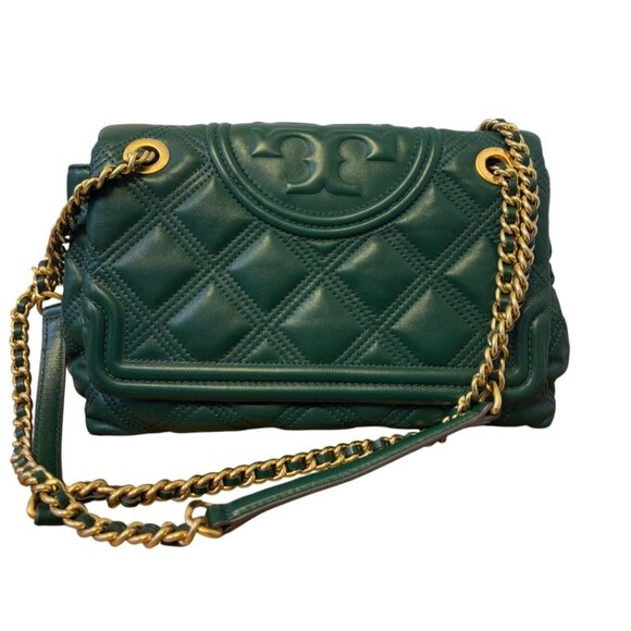 Tory Burch Green Quilted Leather Shoulder Bag Gold Chain Strap Logo Detail - Picture 1 of 8